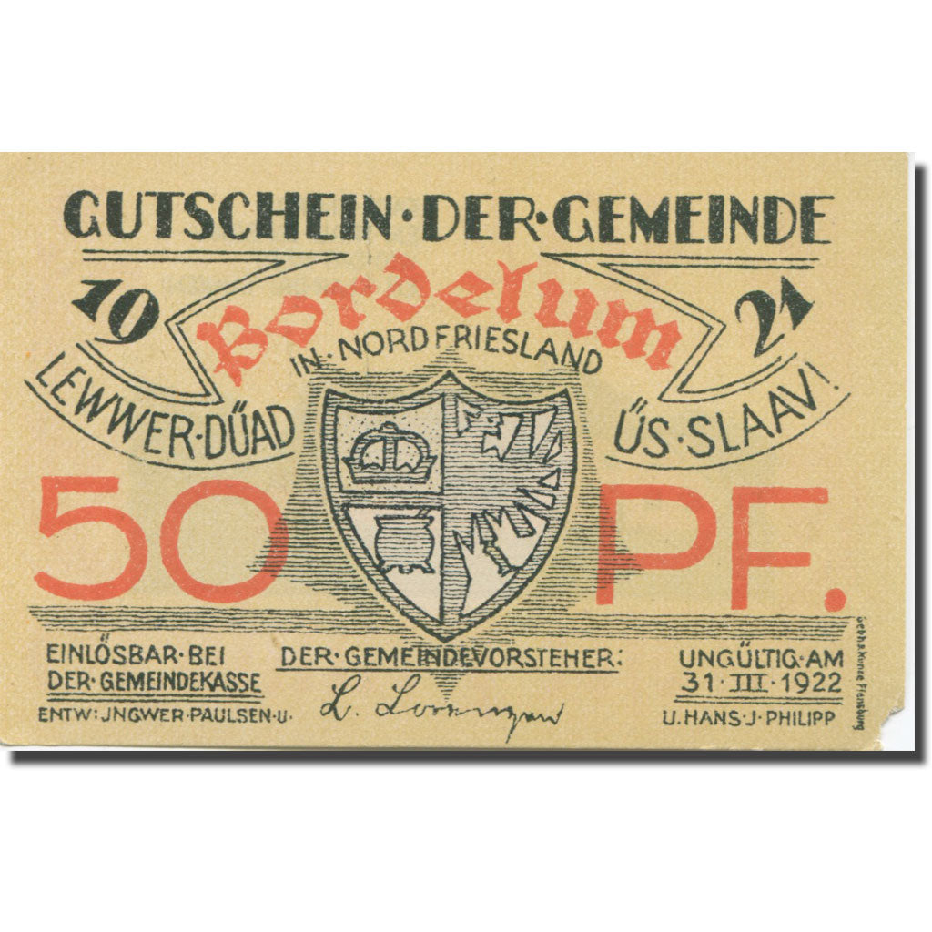 Banknote, Germany, Bordelum, 50 Pfennig, Blason 4, 1922 AU(55-58) Mehl:143.1