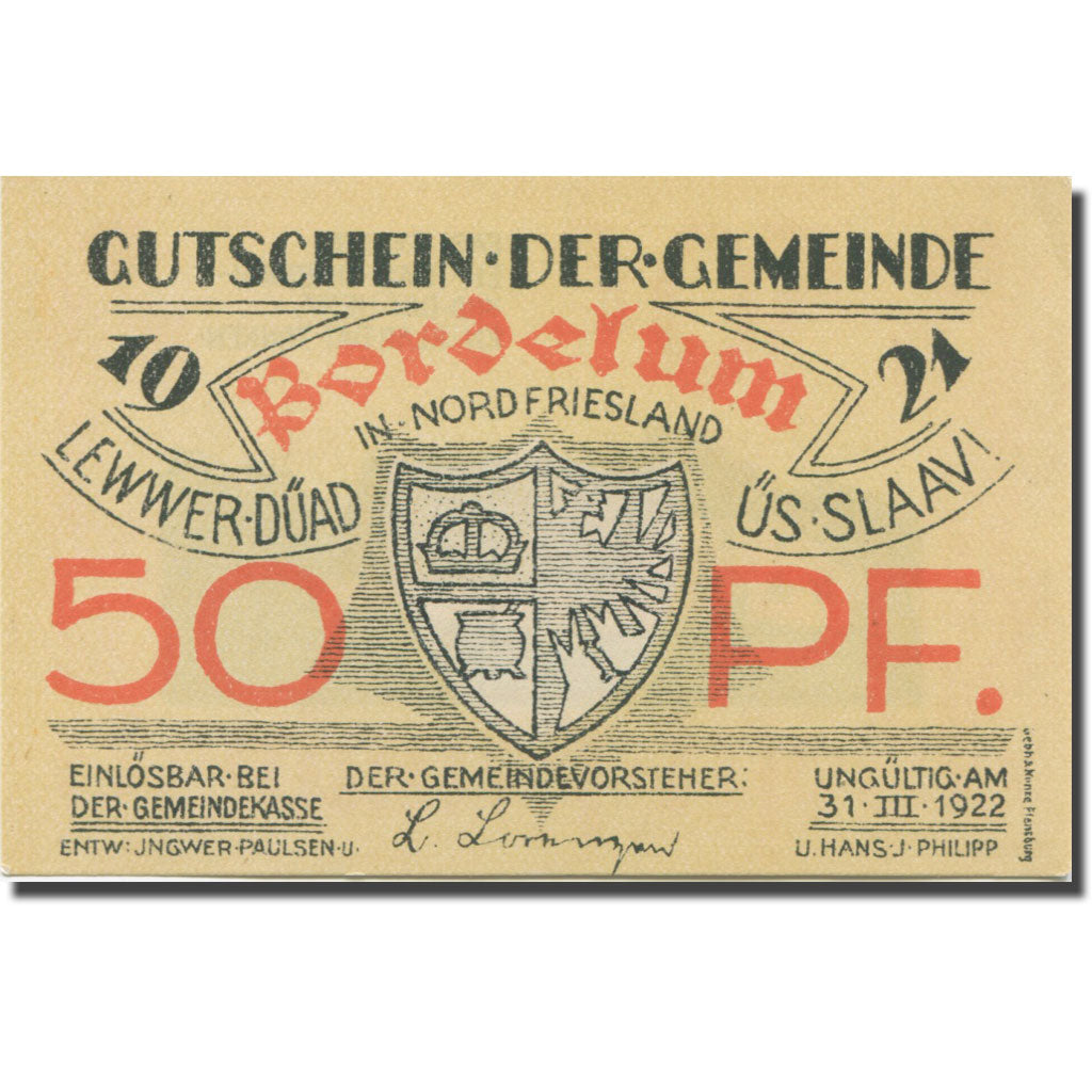 Banconote, Germania, Bordelum, 50 Pfennig, Blason 5, 1922-03-31, SPL Mehl:143.1
