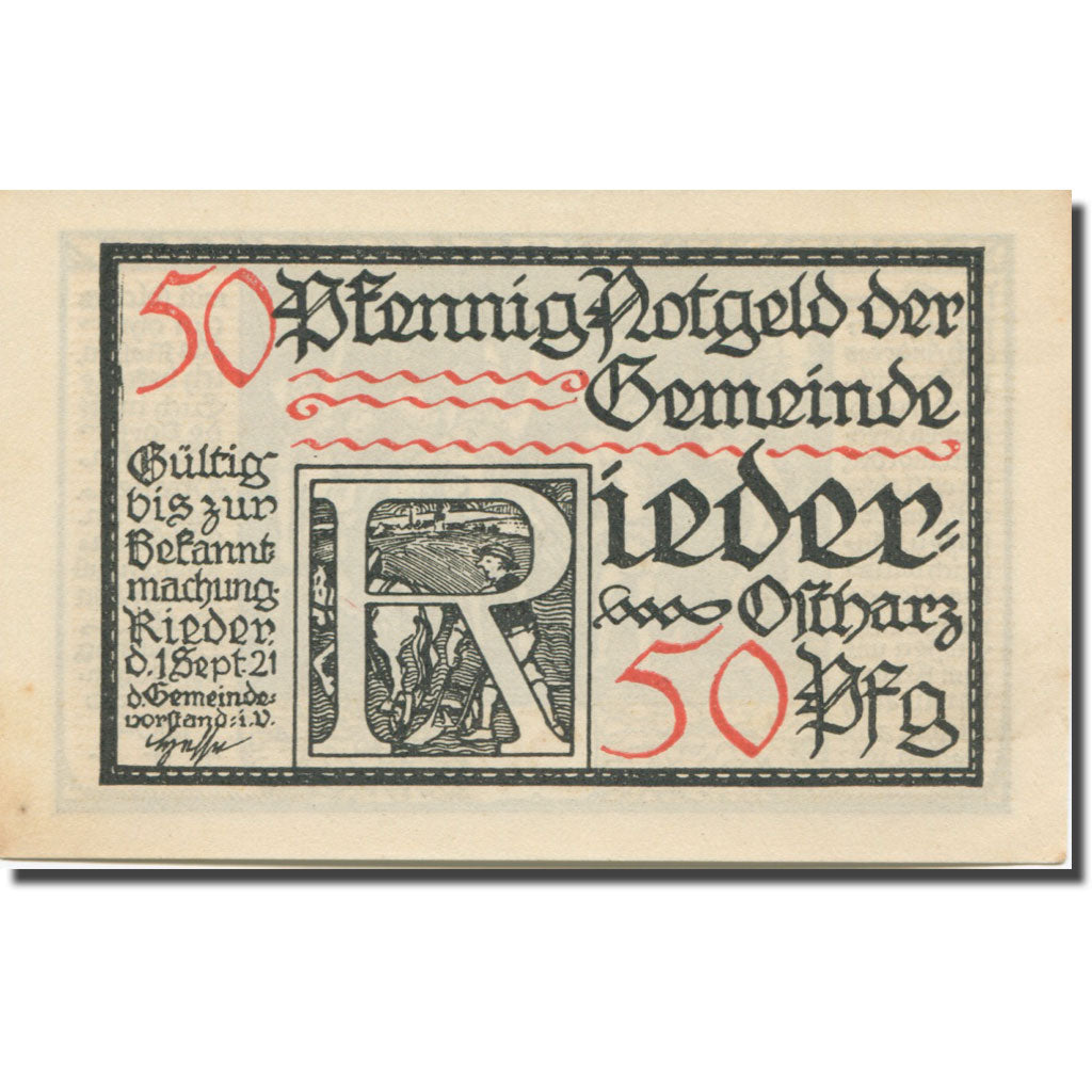 Billet, Allemagne, Rieder, 50 Pfennig, personnage 2, 1921 SUP+ Mehl:1122.2a