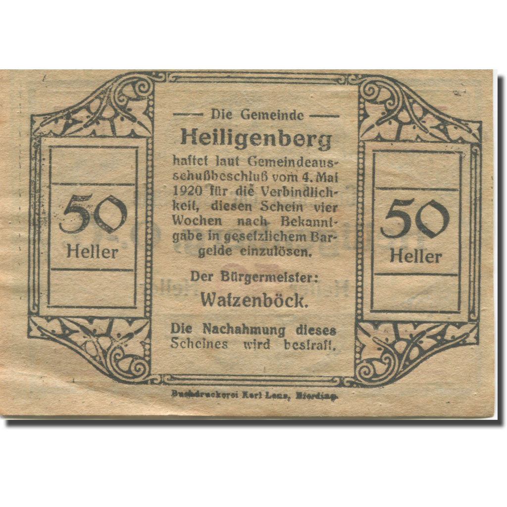 Banknote, Austria, Heiligenberg, 50 Heller face value AU(55-58) Mehl:FS 361Ia