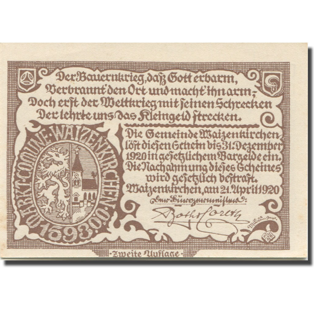 Banknote Austria Waizenkirchen 50 Heller village 1, 1920 UNC(63) Mehl:FS 1128b