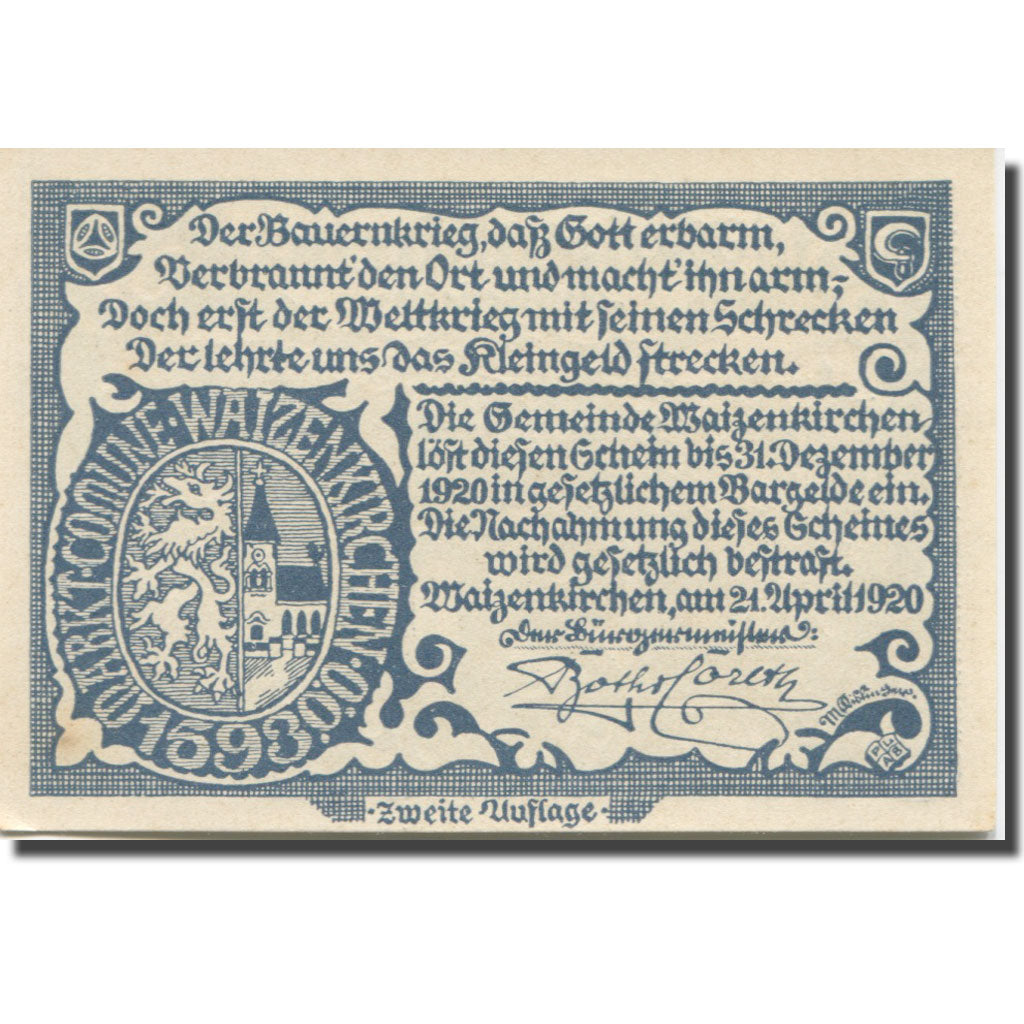 Banknote Austria Waizenkirchen 20Heller personnage 1920 UNC(63) Mehl:FS 1128a