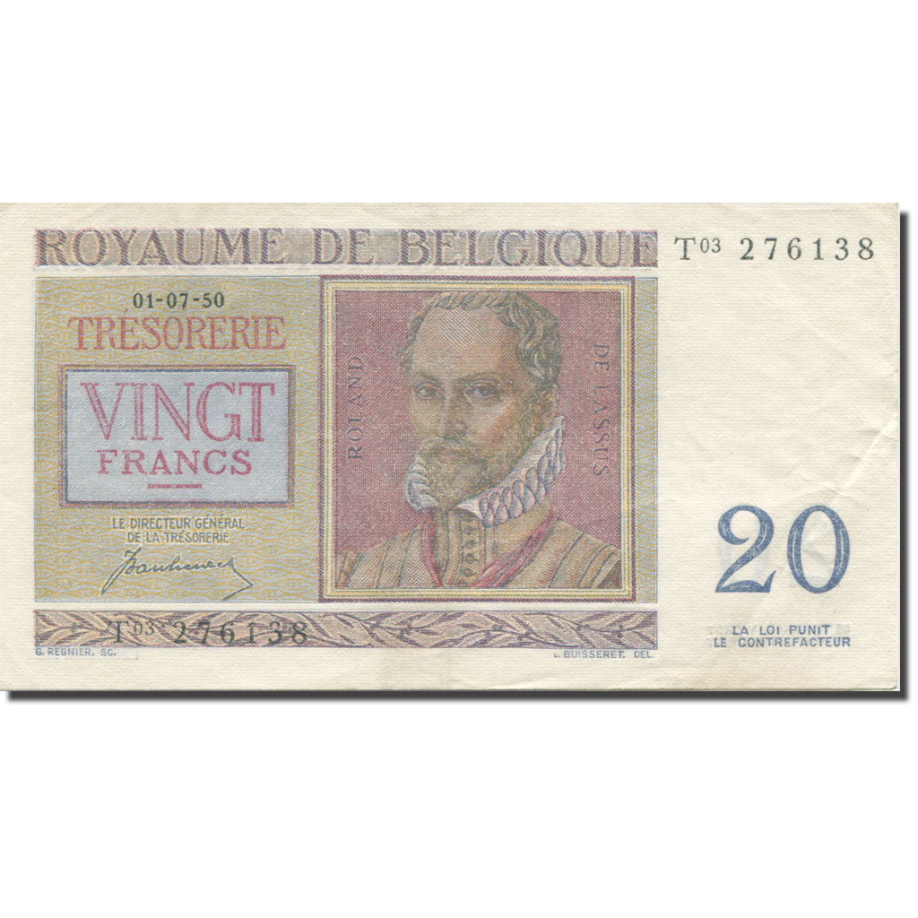 Banknote, Belgium, 20 Francs, 1950, 1950-07-01, KM:132a, EF(40-45)