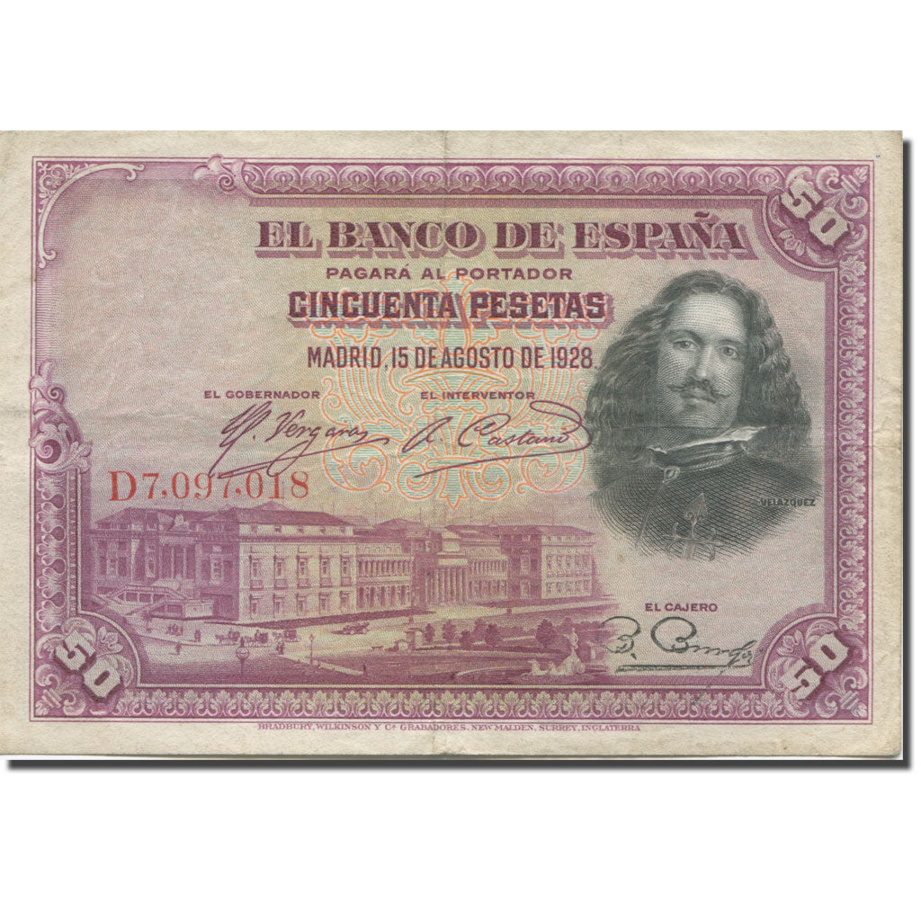 Nota, Espanha, 50 Pesetas, 1928, 1928-08-15, KM:75b, VF(30-35)