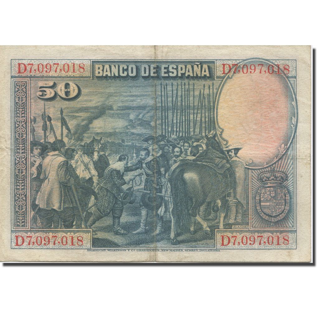 Nota, Espanha, 50 Pesetas, 1928, 1928-08-15, KM:75b, VF(30-35)
