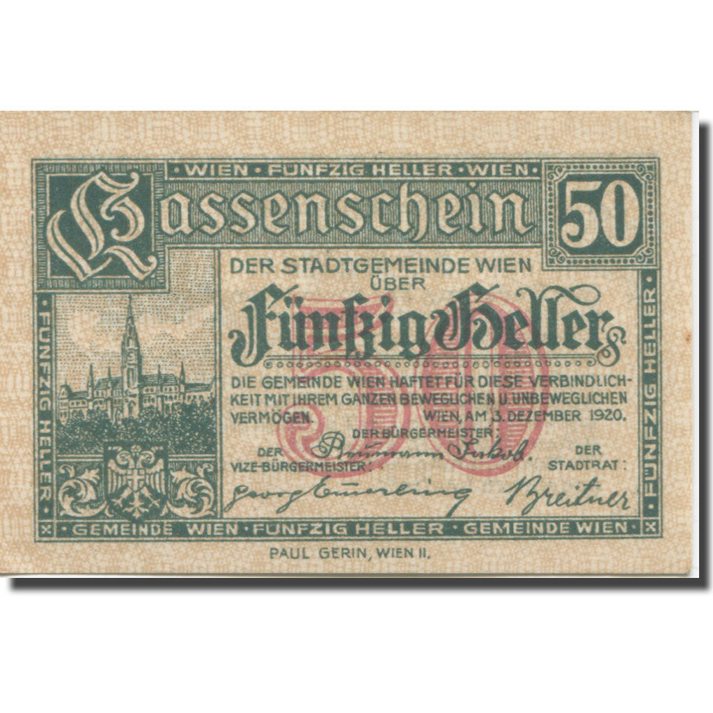 Banknote, Austria, Vienne, 50 Heller, château 1, 1921 UNC(63) Mehl:FS 1183IIf