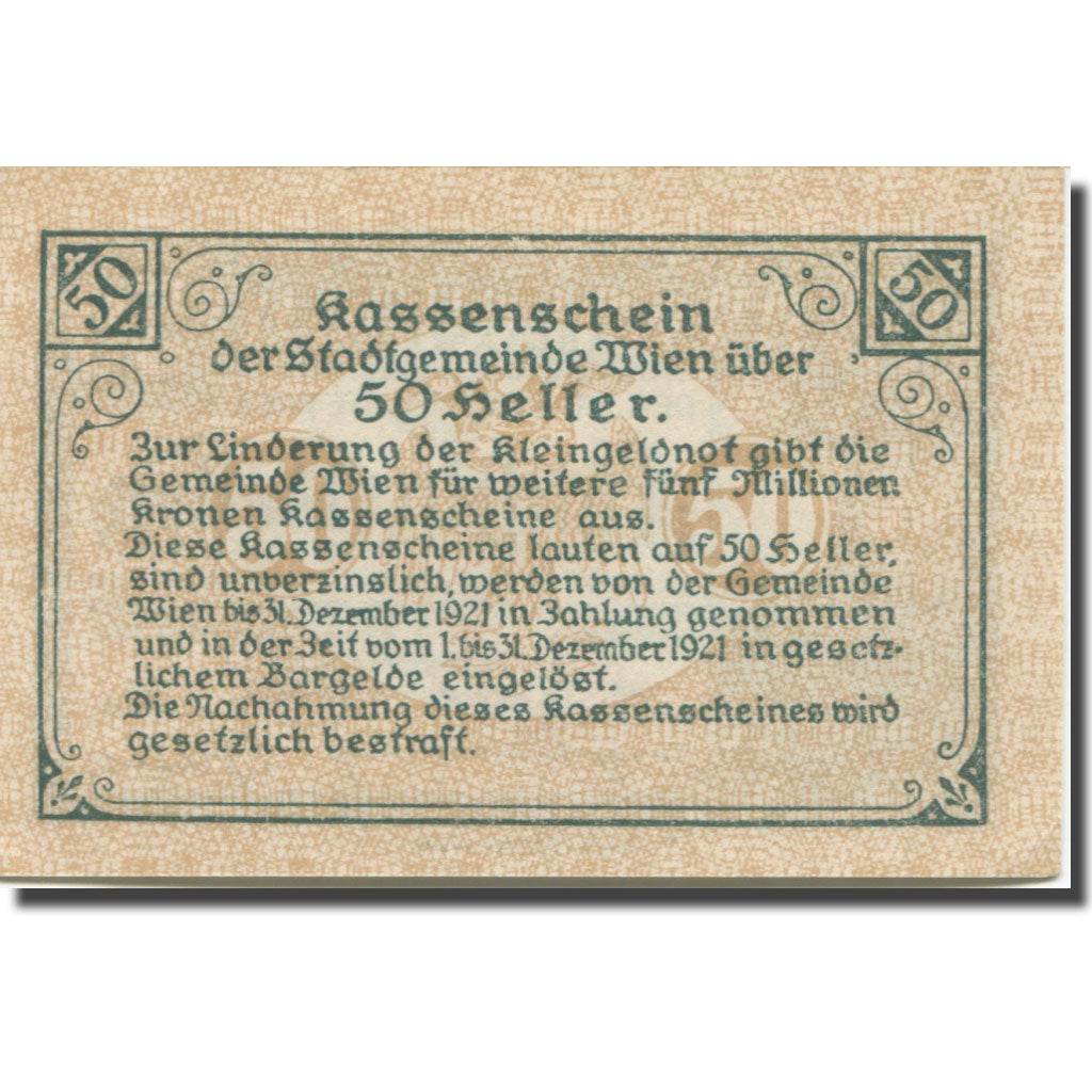 Banknote, Austria, Vienne, 50 Heller, château 1, 1921 UNC(63) Mehl:FS 1183IIf