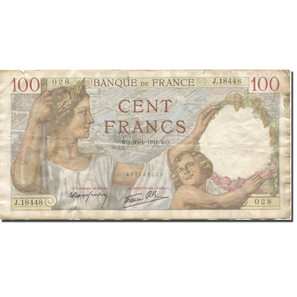 França, 100 Francs, Sully, 1939, 1941-01-30, VF(20-25), Fayette:26.45, KM:94