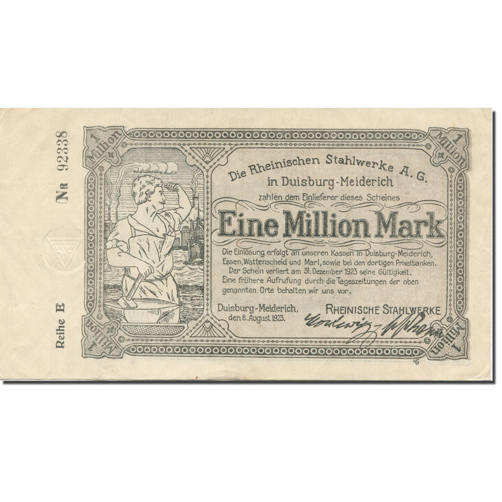 Banconote, Germania, Duisburg, 1 Million Mark, Usine 2, 1923, 1923-12-31, BB