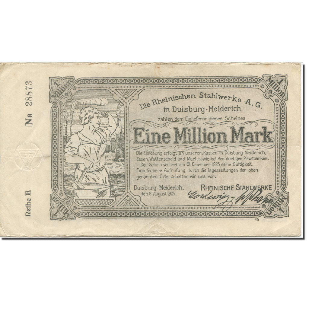 Banconote, Germania, Duisburg, 1 Million Mark, usine 3, 1923, 1923-12-31, MB+