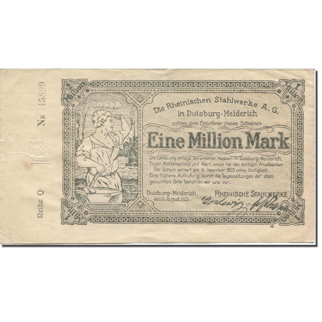 Banknote, Germany, Duisburg, 1 Million Mark, usine 5, 1923-12-31 EF(40-45)