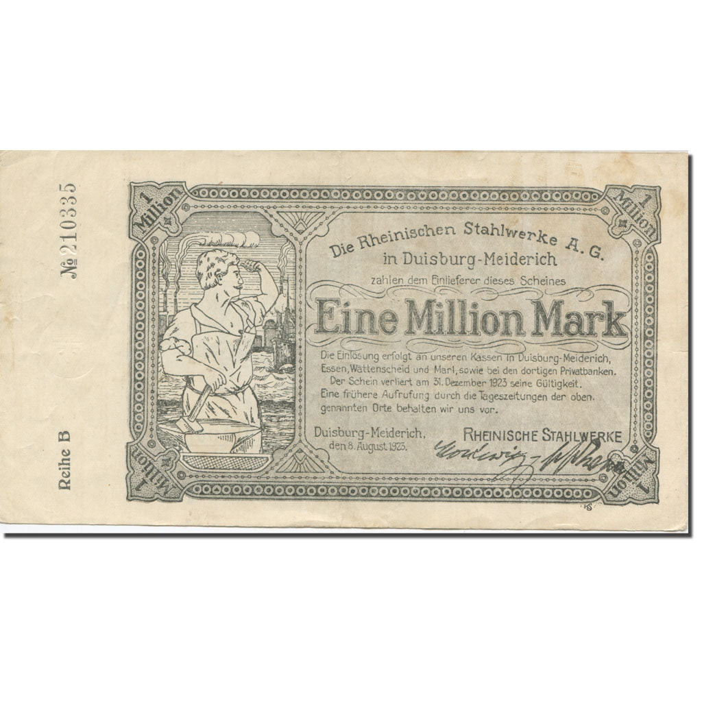Banconote, Germania, Duisburg, 1 Million Mark, usine 6, 1923, 1923-12-31, MB+