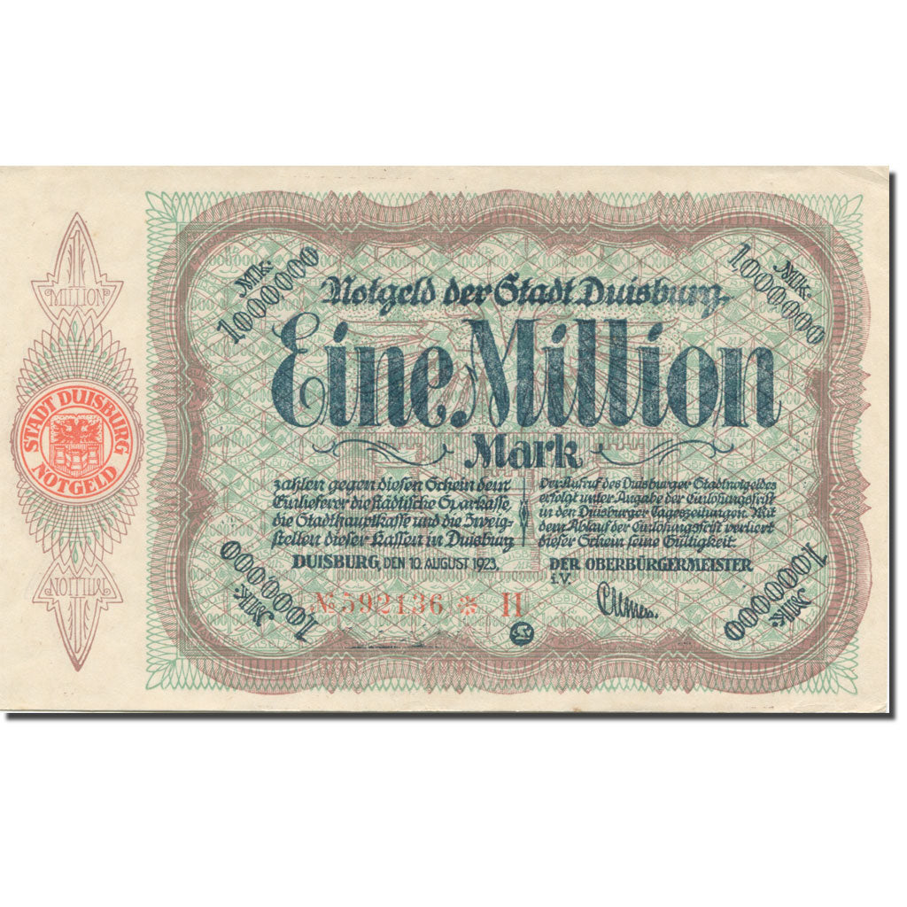 Banknote, Germany, Duisburg, 1 Million Mark, Blason 2, 1923-08-10 AU(55-58)
