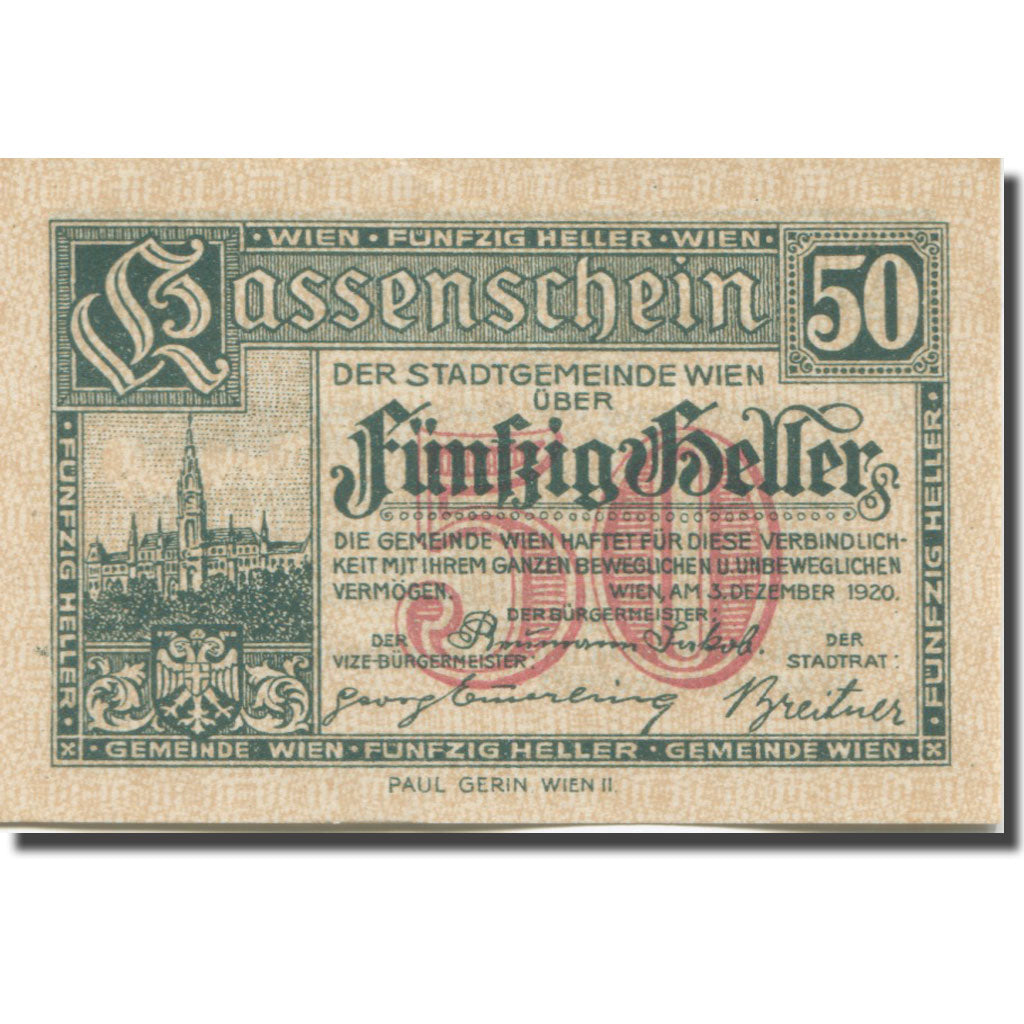 Banknote, Austria, Vienne, 50 Heller, chateau 4, 1921 UNC(64) Mehl:FS 1183IIf