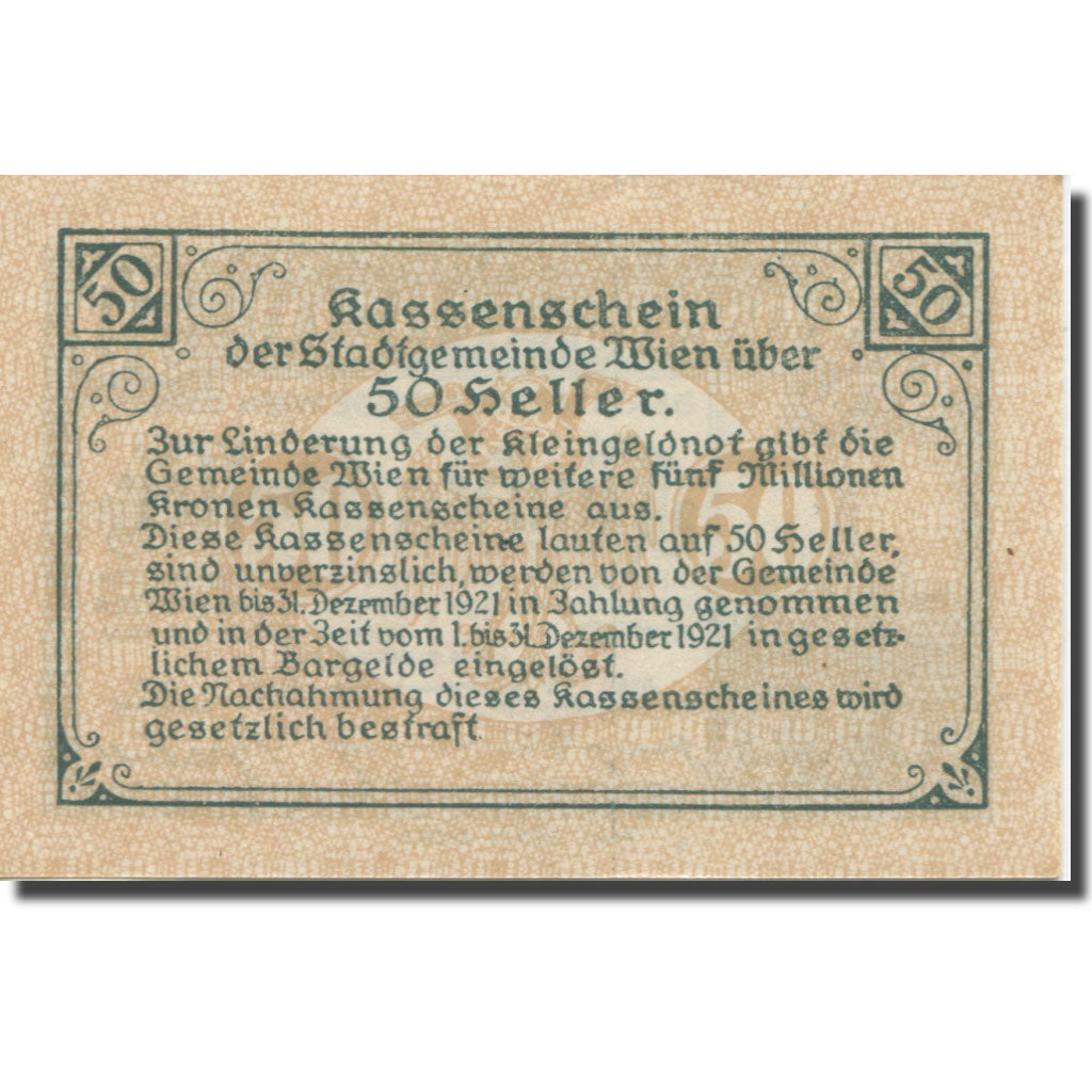 Banknote, Austria, Vienne, 50 Heller, chateau 4, 1921 UNC(64) Mehl:FS 1183IIf