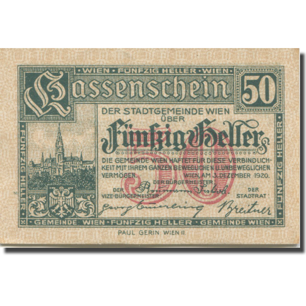 Banknote, Austria, Vienne, 50 Heller, chateau 6, 1921 UNC(60-62) Mehl:FS 1183IIf