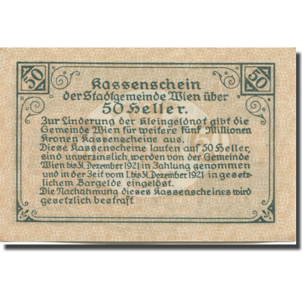Banknote, Austria, Vienne, 50 Heller, chateau 6, 1921 UNC(60-62) Mehl:FS 1183IIf