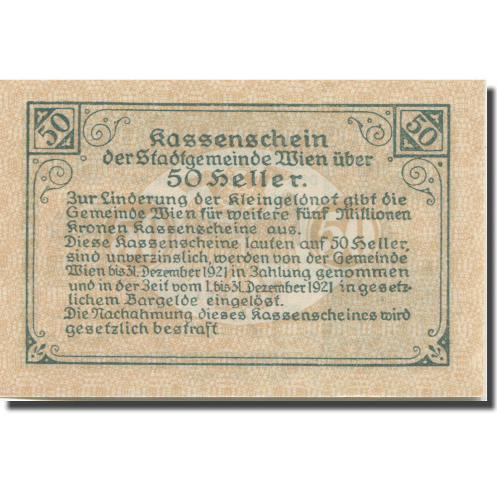 Banknote, Austria, Vienne, 50 Heller, château 9, 1921 UNC(65-70) Mehl:FS 1183IIf