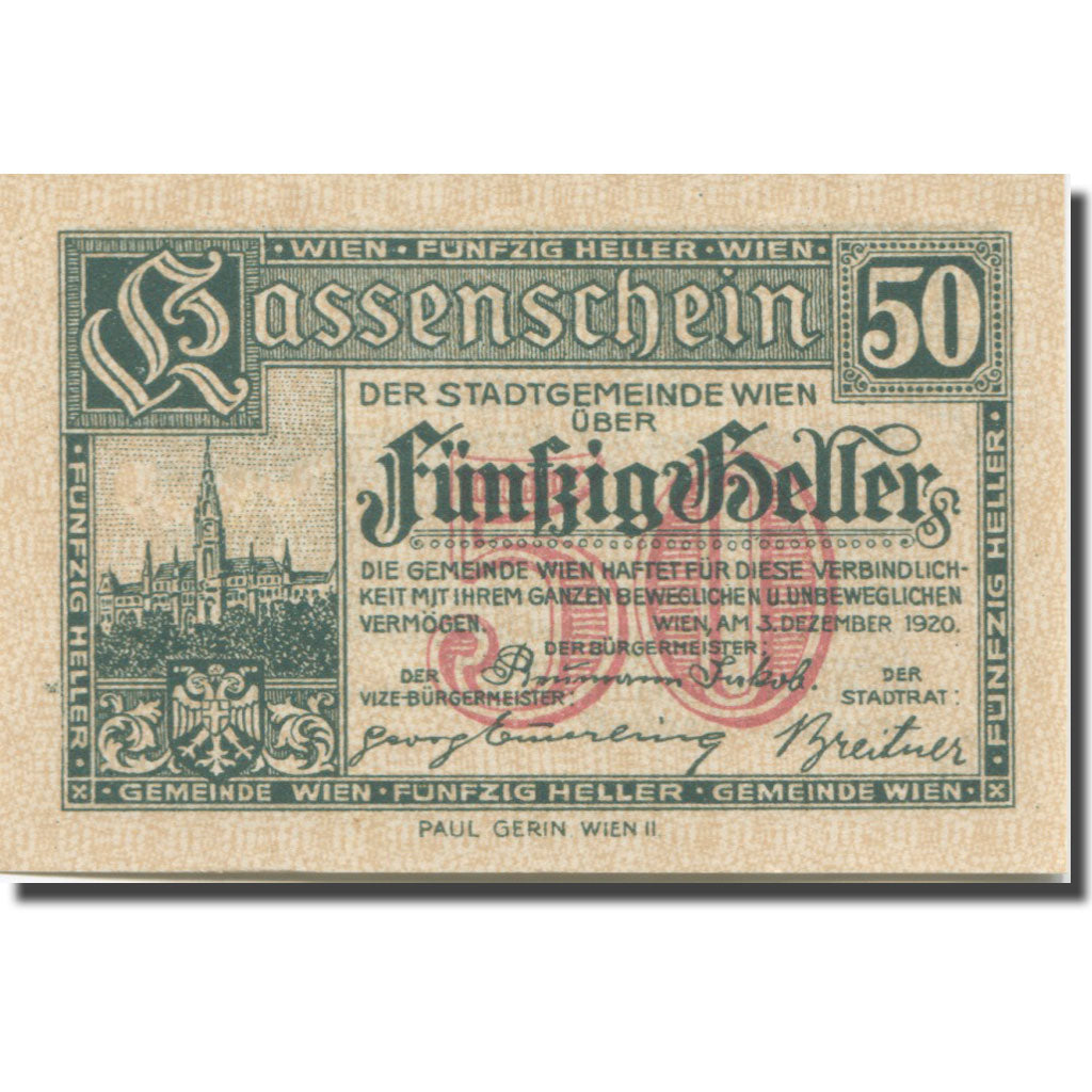 Banknote, Austria, Vienne, 50 Heller château 10, 1921 UNC(65-70) Mehl:FS 1183IIf