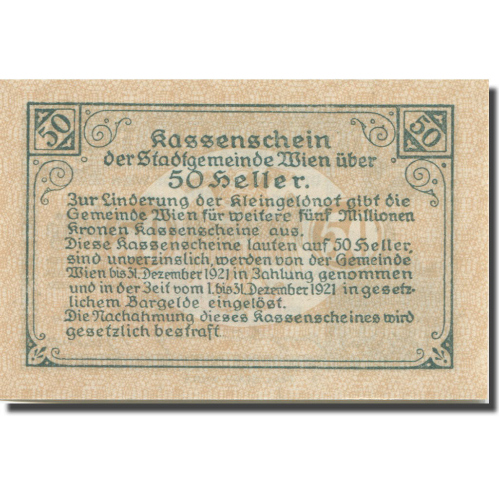 Banknote, Austria, Vienne, 50 Heller château 10, 1921 UNC(65-70) Mehl:FS 1183IIf