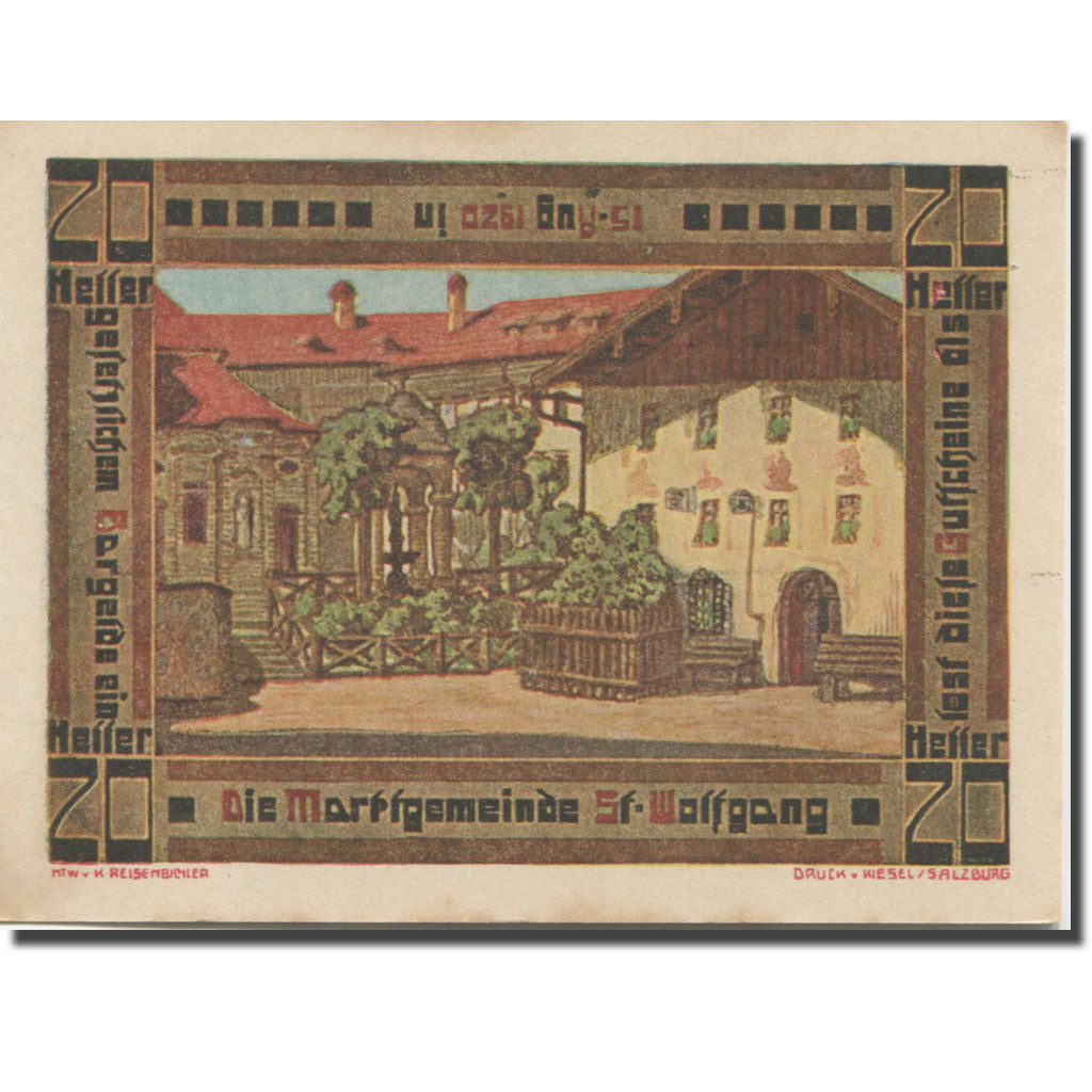 Banknote, Austria, St Wolfgang, 20 Heller, église 2, 1920 UNC(63) Mehl:FS 947a