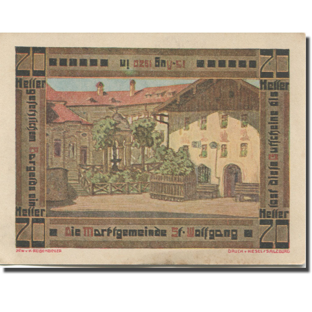 Banknote, Austria, St Wolfgang, 20 Heller, église 4, 1920 SUP Mehl:FS 947a