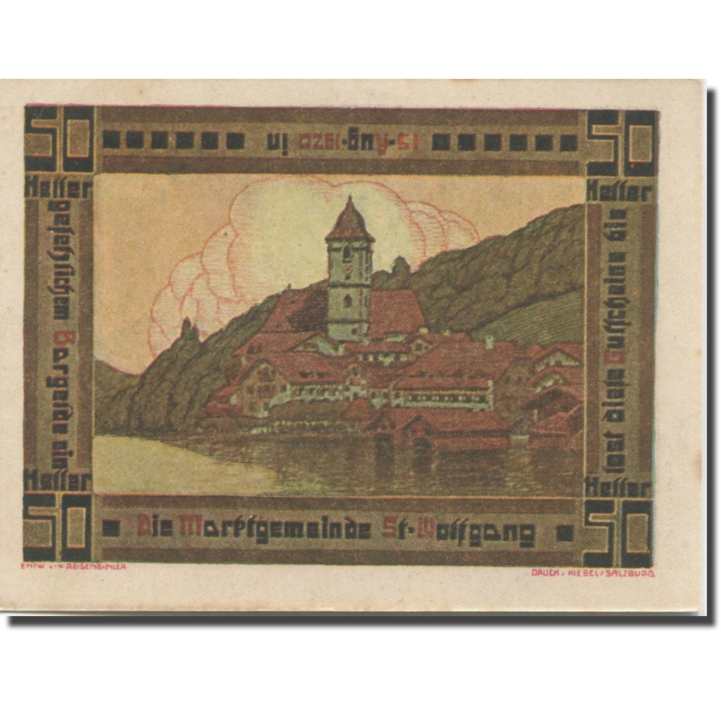 Banknote, Austria, St Wolfgang, 50 Heller, eglise 2, 1920 UNC(63) Mehl:FS 947a