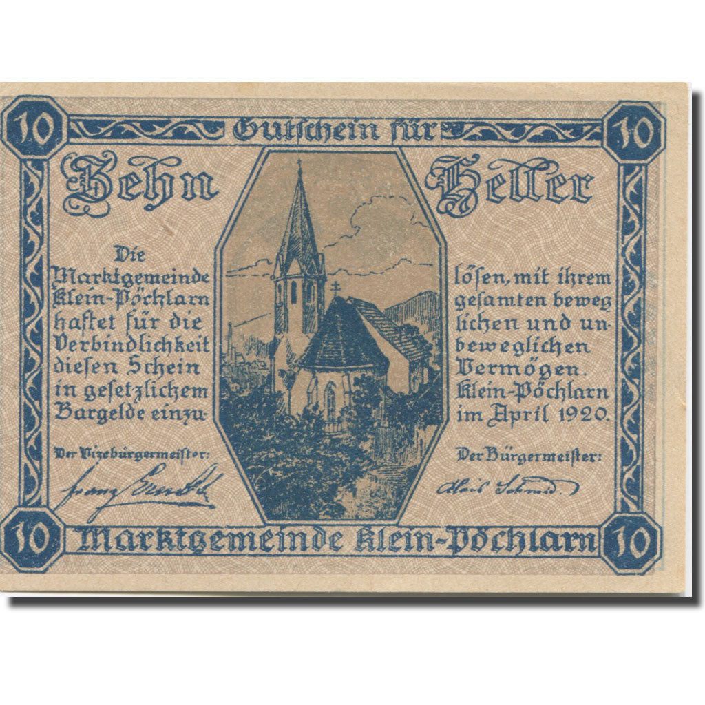 Banknote, Austria, Klein Pöchlarn 10Heller, Eglise 1, 1920 UNC(63) Mehl:FS 457a