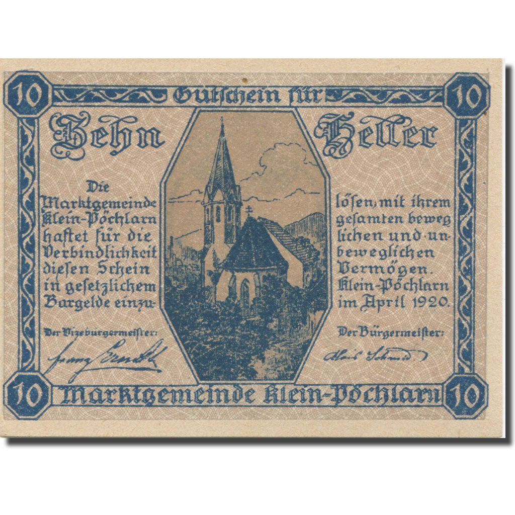 Banknote, Austria, Klein-Pöchlarn 10 Heller église 2, 1920 UNC(63) Mehl:FS 457a