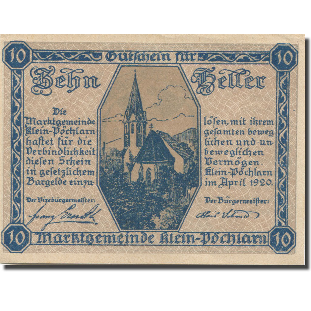 Banknote, Austria, Klein Pöchlarn, 10 Heller, église 3, 1920 SPL Mehl:FS 457a
