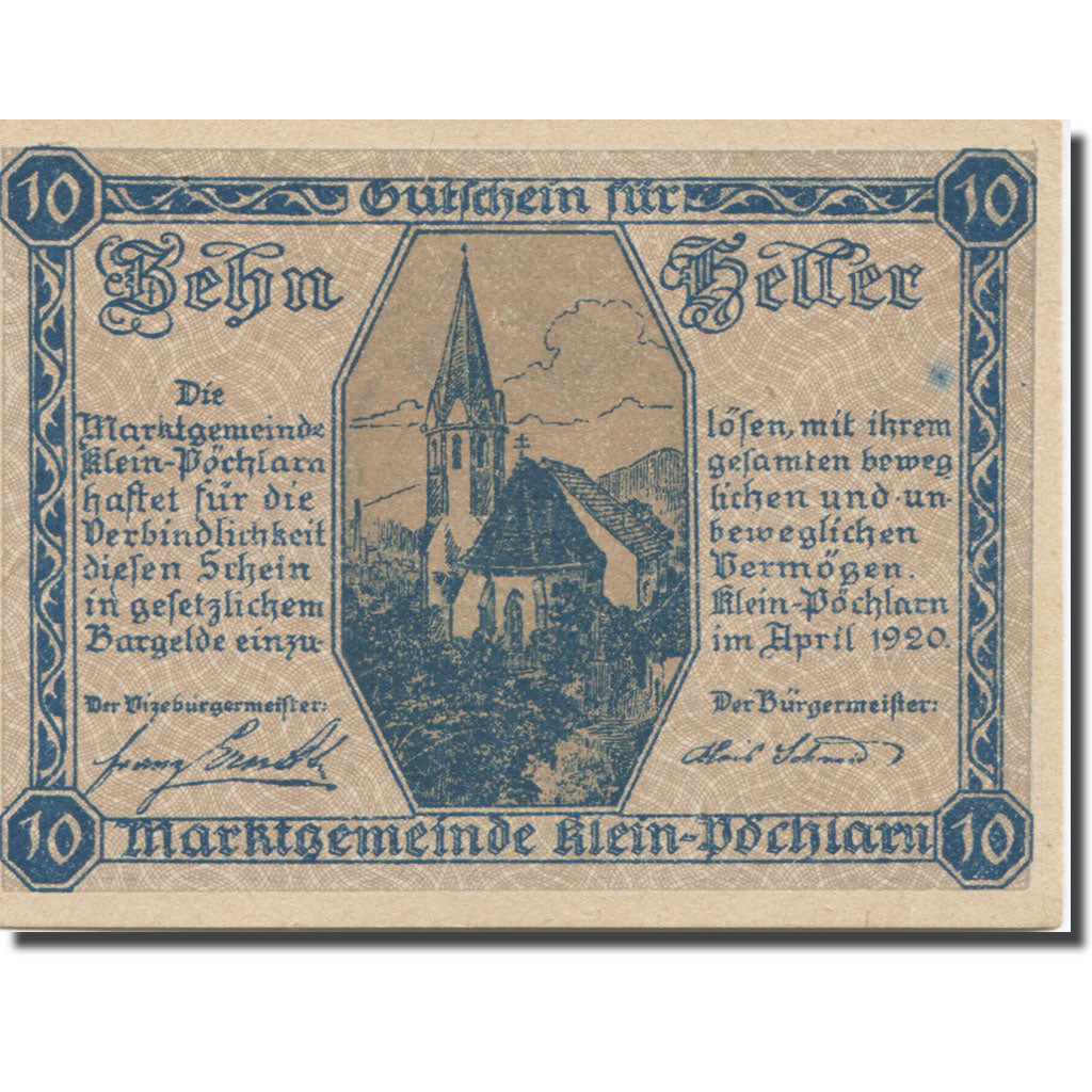 Banknote, Austria, Klein Pöchlarn, 10Heller, église 4, 1920 UNC(63) Mehl:FS 457a