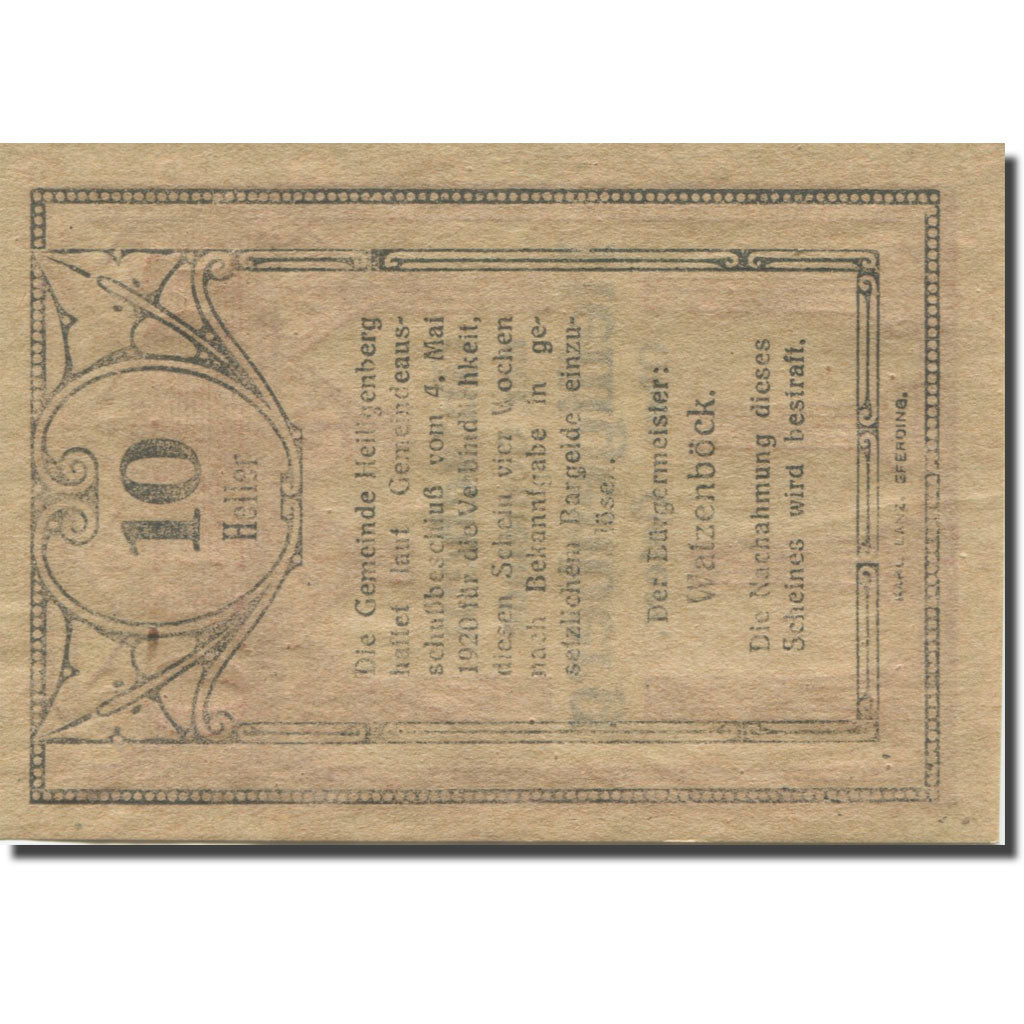 Banknote, Austria, Heiligenberg, 10 Heller, colonne, 1920 UNC(63) Mehl:FS 361Ia