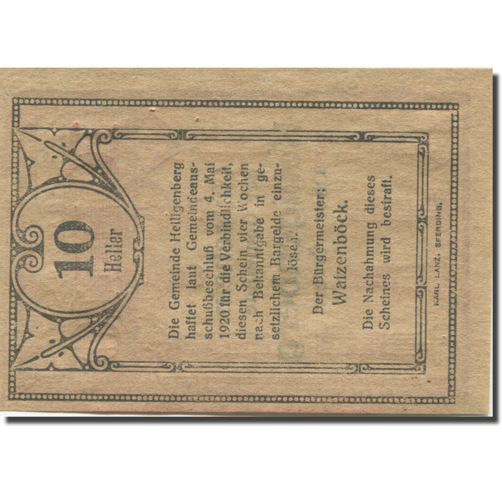 Banknote Austria Heiligenberg 10 Heller, colonne 2, 1920 UNC(63) Mehl:FS 361Ia