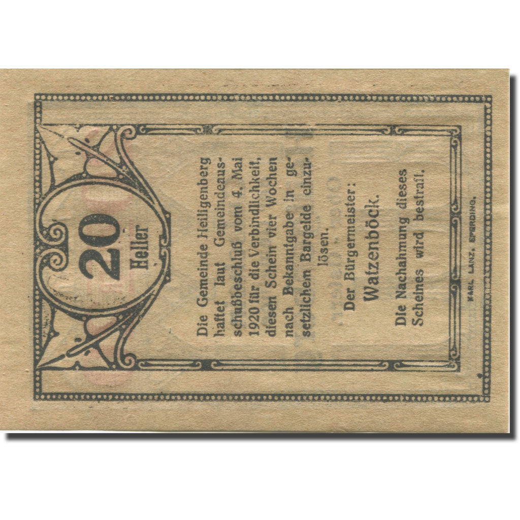 Banknote, Austria, Heiligenberg, 20 Heller, colonne, 1920 UNC(63) Mehl:FS 361Ia