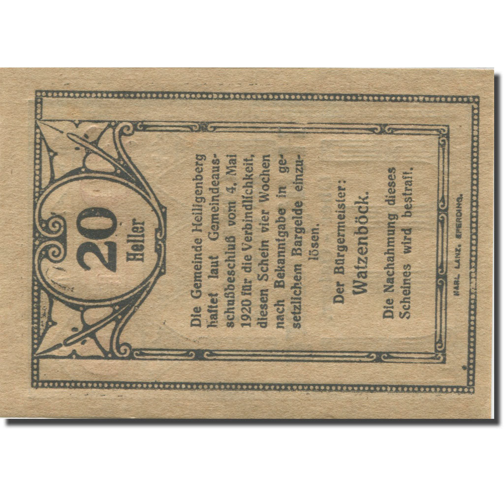 Banknote, Austria, Heiligenberg, 20Heller, colonne 1, 1920 UNC(63) Mehl:FS 361Ia