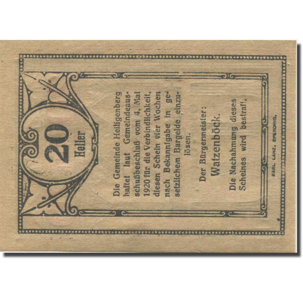 Banknote, Austria, Heiligenberg, 20 Heller colonne 2, 1920 UNC(63) Mehl:FS 361Ia