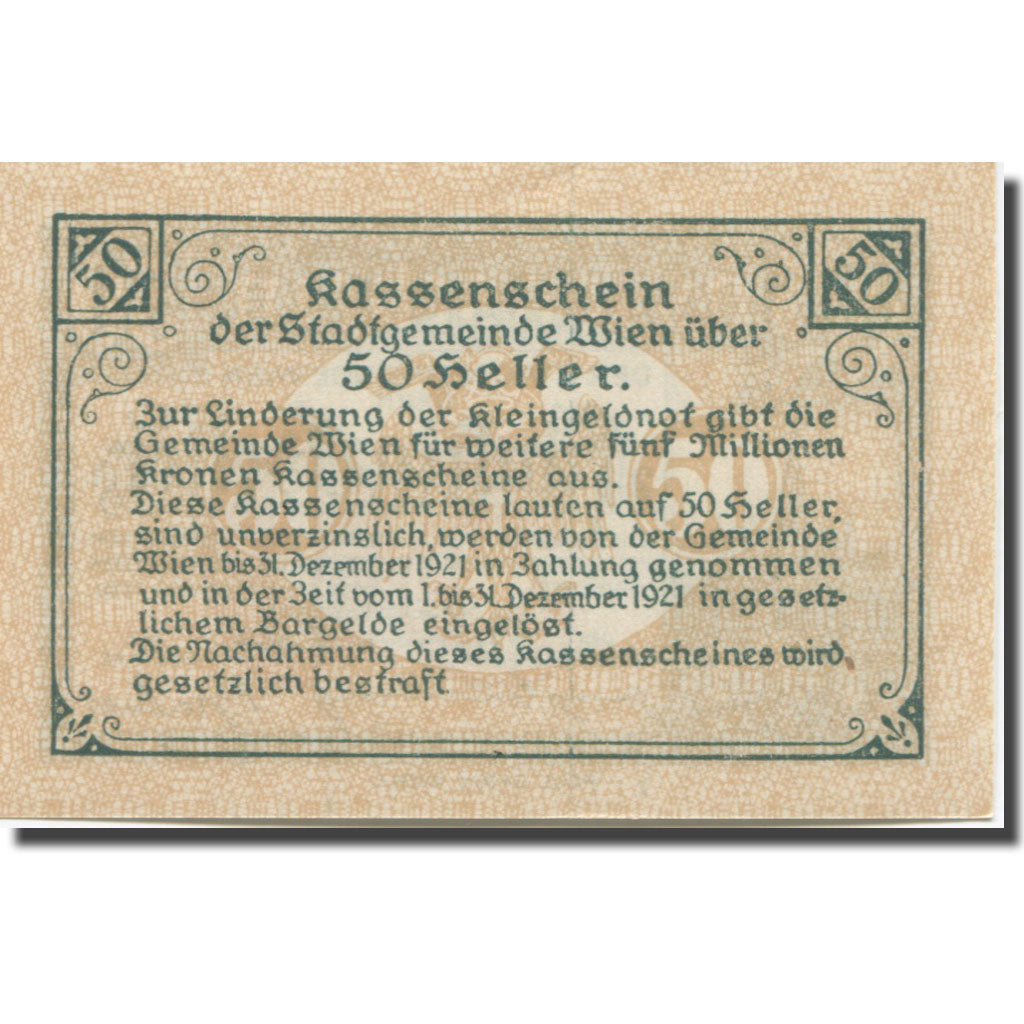 Banknote, Austria, Vienne, 50 Heller, château 1, 1921 UNC(63) Mehl:FS 1183IIf