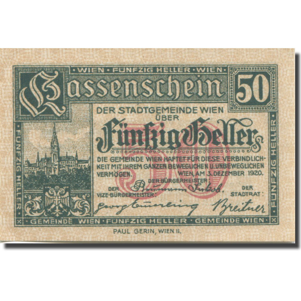 Banknote, Austria, Vienne, 50 Heller, château 2, 1921 UNC(63) Mehl:FS 1183IIf