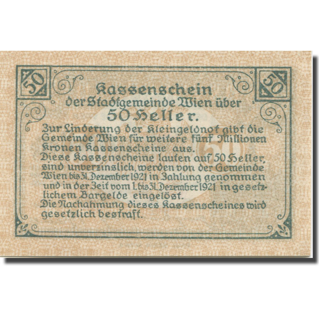 Banknote, Austria, Vienne, 50 Heller, château 2, 1921 UNC(63) Mehl:FS 1183IIf