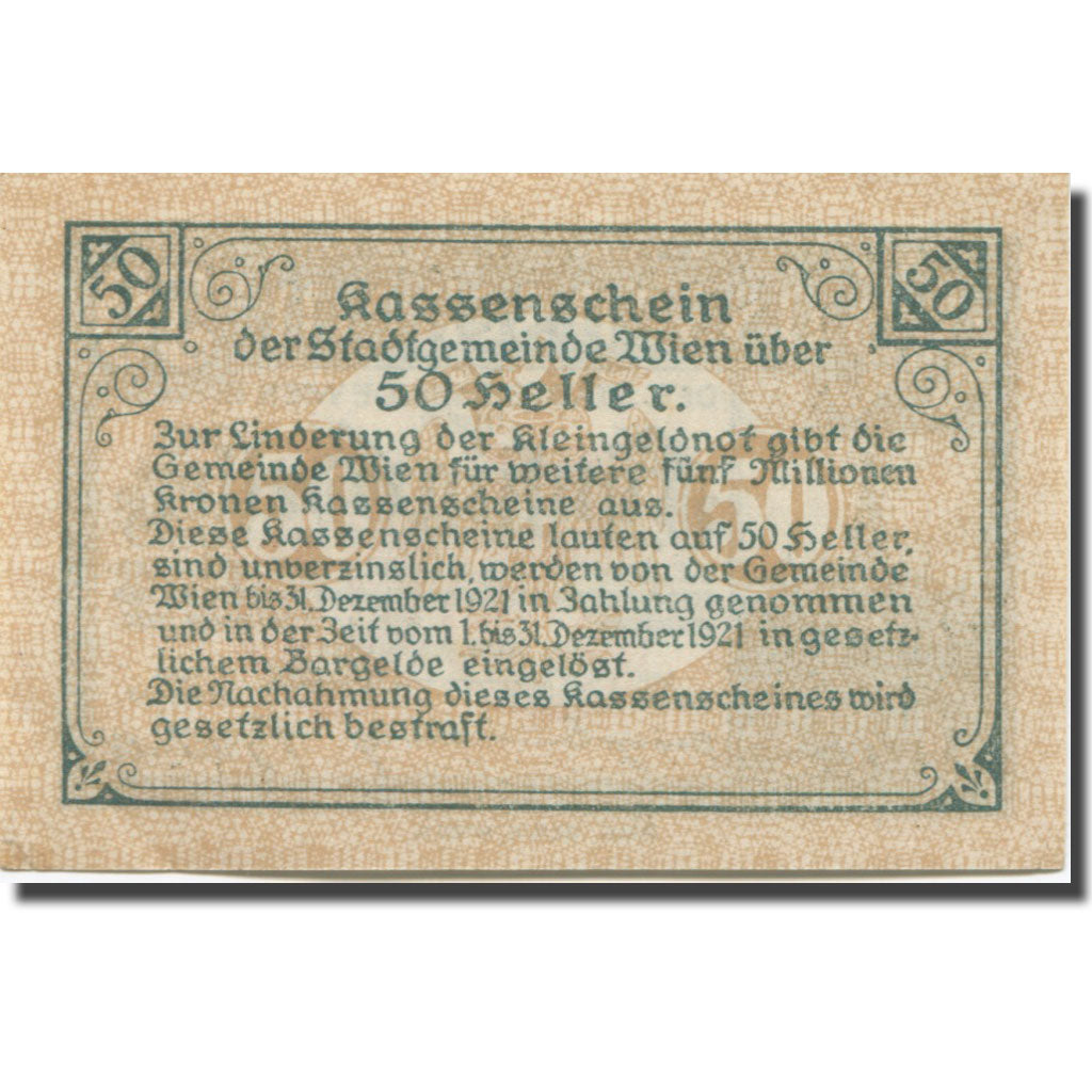 Banknote, Austria, Vienne, 50 Heller, château 3, 1921, UNC(63) Mehl:FS 1183IIf