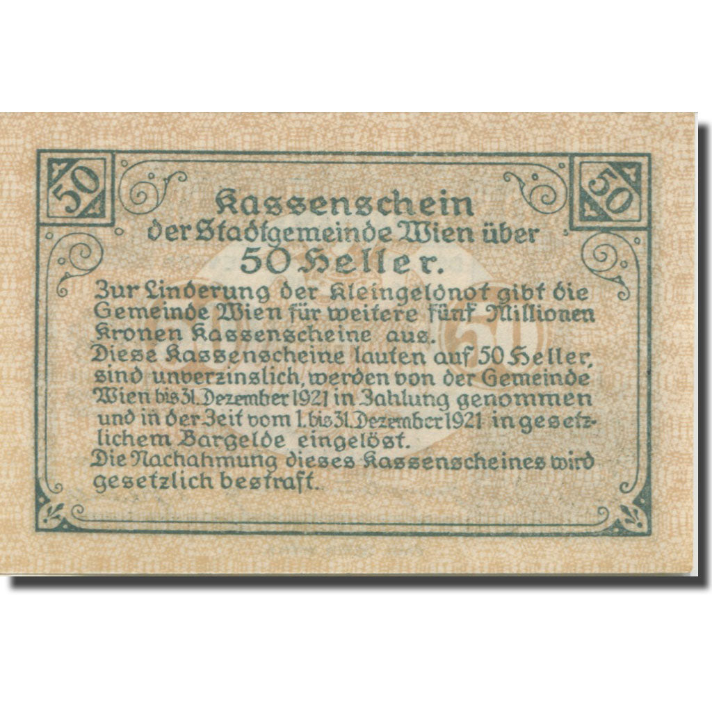 Banknote, Austria, Vienne, 50 Heller, château 4, 1921 UNC(63) Mehl:FS 1183IIf