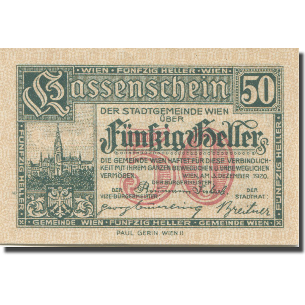 Banknote, Austria, Vienne, 50 Heller, château 6, 1921 UNC(63) Mehl:FS 1183IIf