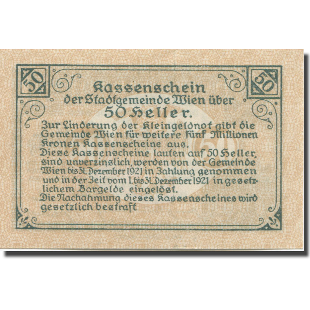Banknote, Austria, Vienne, 50 Heller, château 6, 1921 UNC(63) Mehl:FS 1183IIf