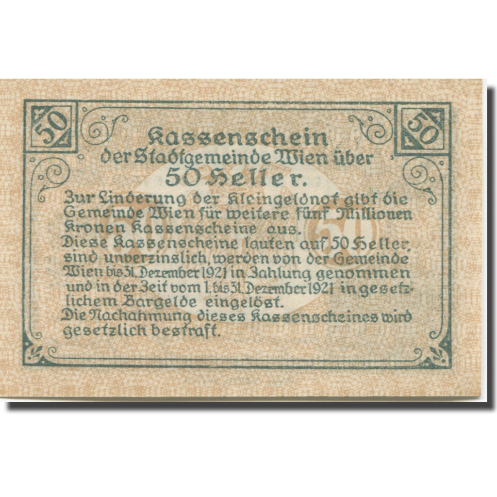 Banknote, Austria, Vienne, 50 Heller, château 7, 1921 UNC(63) Mehl:FS 1183IIf