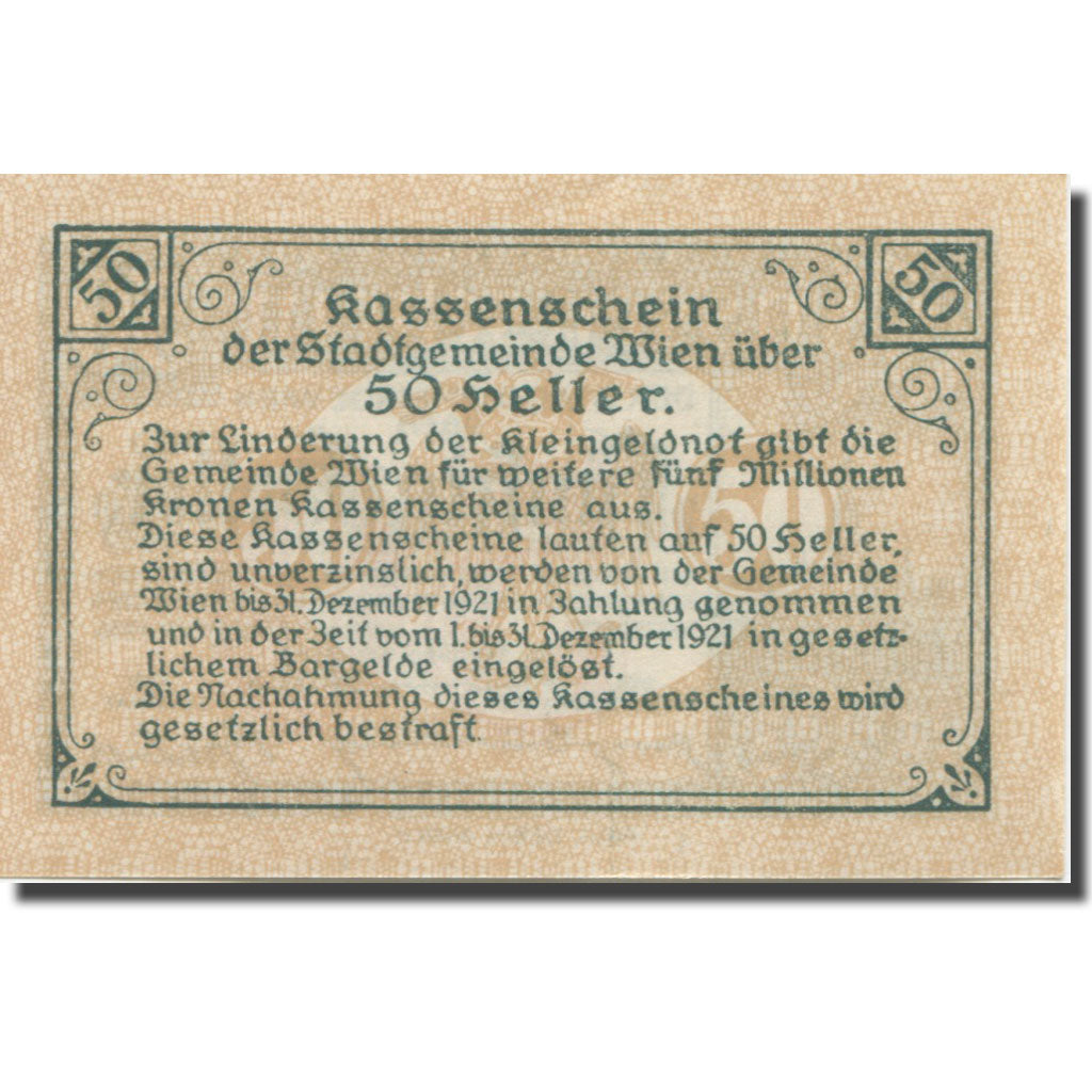 Banknote, Austria, Vienne, 50 Heller, château 8, 1921 UNC(63) Mehl:FS 1183IIf