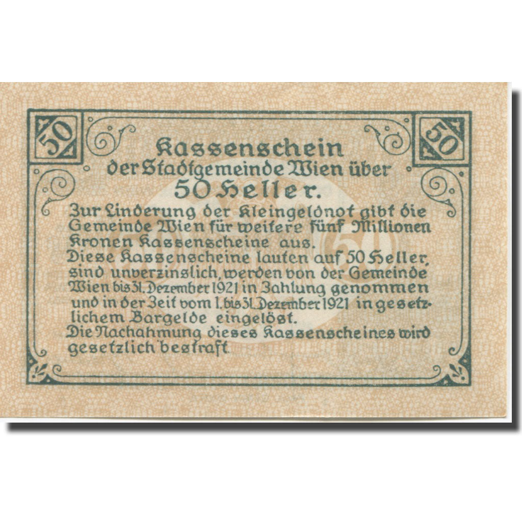 Banknote, Austria, Vienne, 50 Heller, château 9, 1921 UNC(63) Mehl:FS 1183IIf