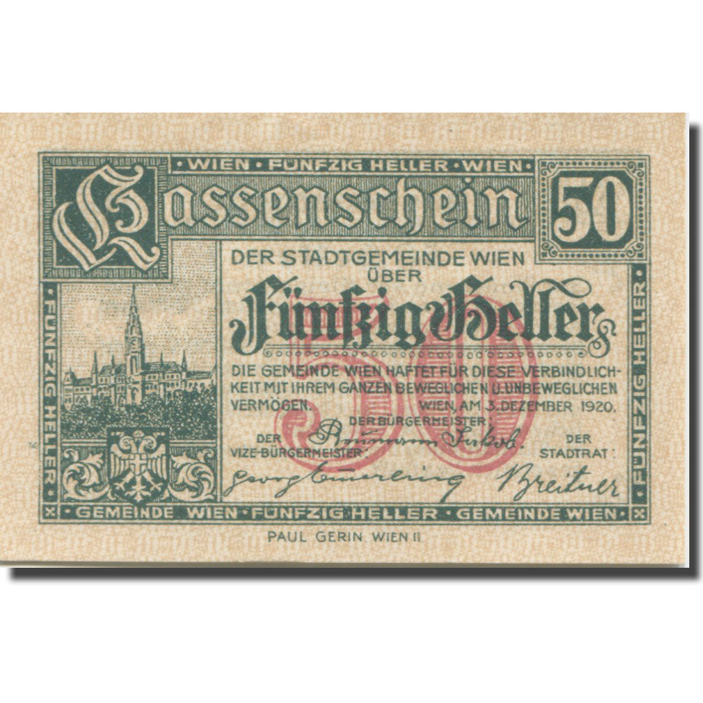 Banknote, Austria, Vienne, 50 Heller, château 10, 1921 UNC(63) Mehl:FS 1183IIf
