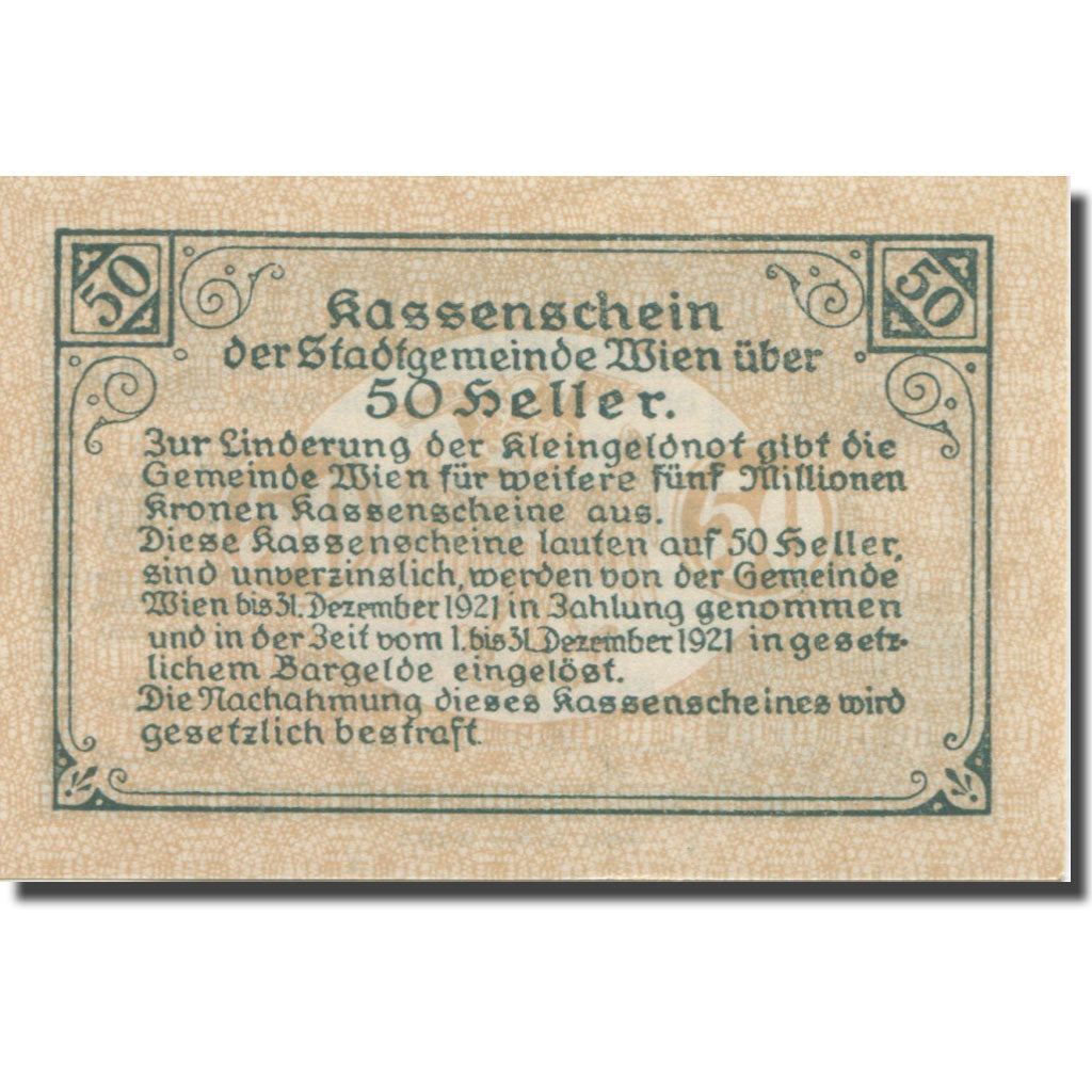Banknote, Austria, Vienne, 50 Heller, château 10, 1921 UNC(63) Mehl:FS 1183IIf