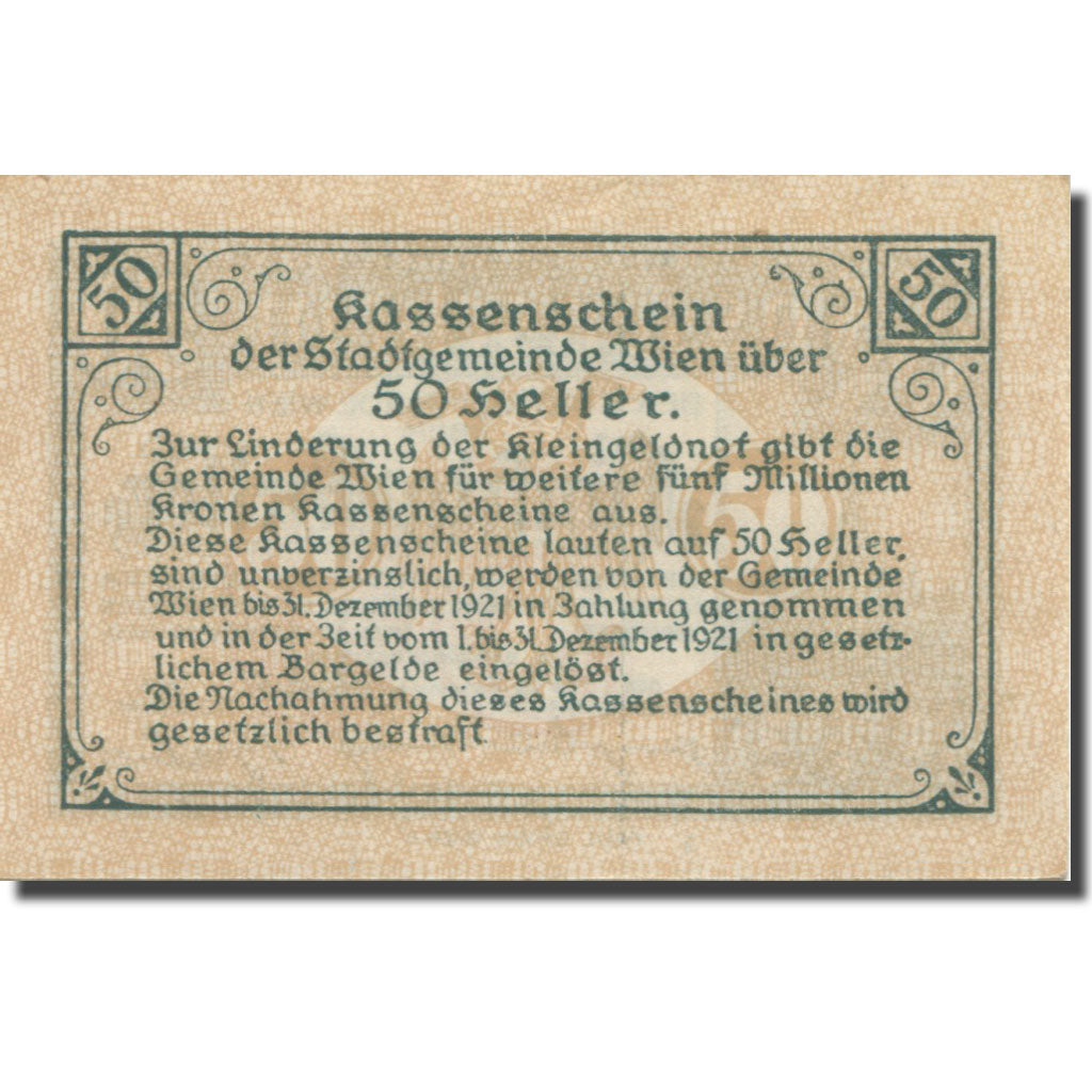 Banknote, Austria, Vienne, 50 Heller, château 11, 1921 UNC(63) Mehl:FS 1183IIf