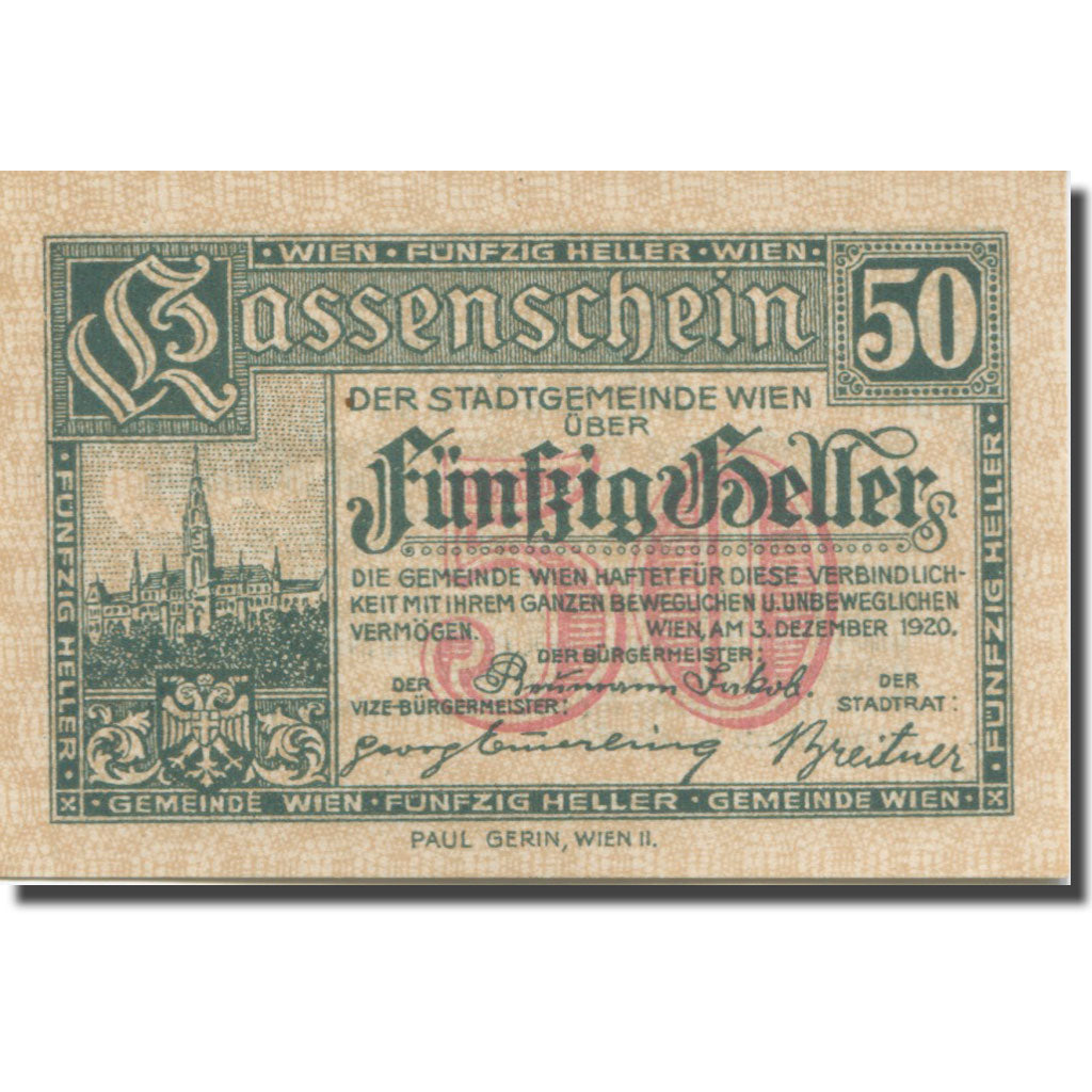 Banknote, Austria, Vienne, 50 Heller, château 12, 1921 UNC(63) Mehl:FS 1183IIf